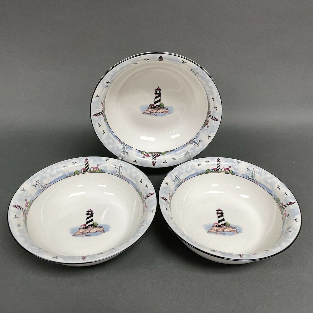 Stoneware Lighthouse Sailboats White Blue Soup Cereal Bowls 7 1/4" Lot of 3